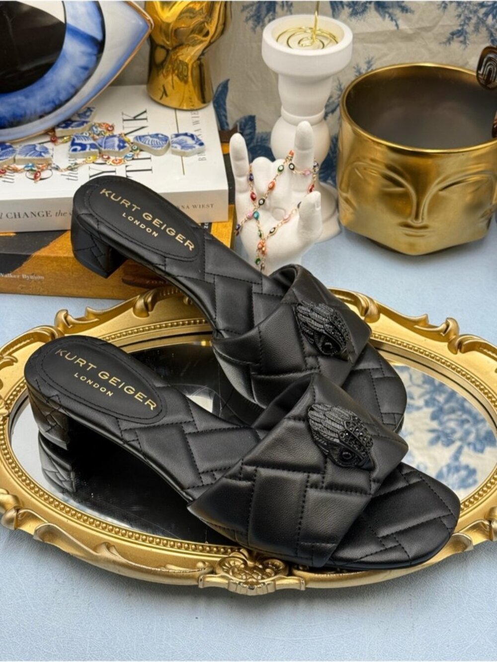🆕 KURT GEIGER LONDON 🧿 NWOB Black Kensington Quilted Block Heel Sandal, Sz37 7